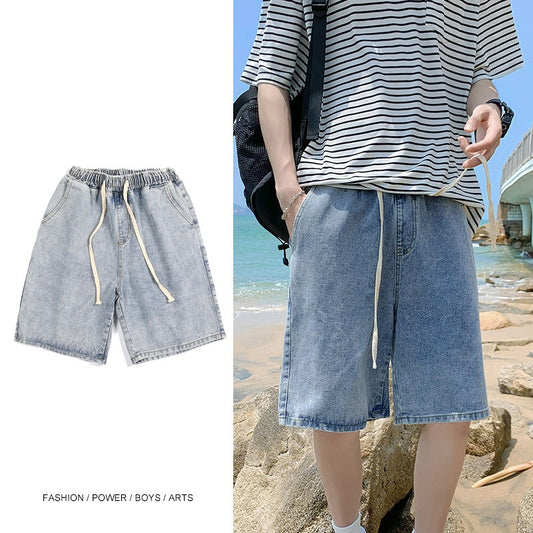 Men's Summer Denim Shorts Korean Elastic Waist Lace-up Straight Leg Pants Student Loose Casual Pants Cotton Pants