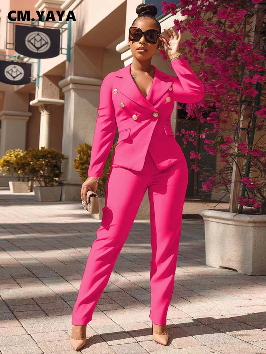 CM.YAYA Autumn Winter Women's Set Long Sleeve Blazer and Pants Suit Office Lady Tracksuit Two 2 Piece Set Elegant INS Outfits