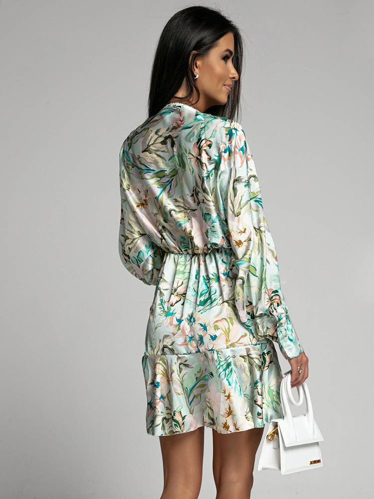 Fashion Ruffle Flower Print Irregular Dress For Women 2022 Spring Autumn Batwing Long Sleeve Elegant Office Ladies Mini Dresses