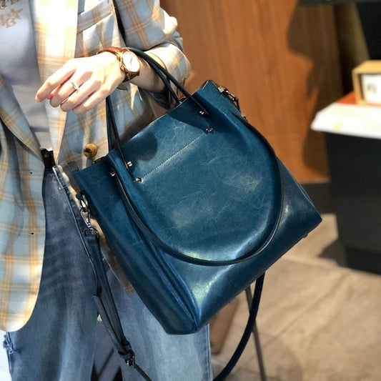 One-shoulder Large Casual Tote Fashion Messenger Cowhide Leather Women's Bag Large-capacity Ladies Handbag Bucket High Quality