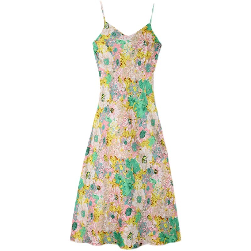 Silk Women's Summer Dress V-Neck Satin Fashion Party Dresses for Women 2022 Print A-line Backless Casual Elegant Female Clothing