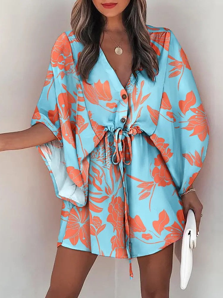 Casual Boho Beach Vacation Mini Dress Women Summer Print Lace Up Button Batwing Sleeve Dresses For Women's Loose  Female Robe