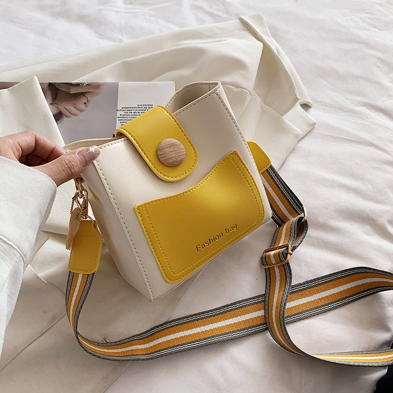 Simple Bucket Women's Bag 2022 Luxury Panelled Crossbody Bags Female Trending Leather Small Handbags Wide Shoulder Bags New Sac