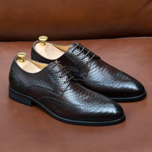 Classic Italy Style Men's Dress Shoes Full Grain Cow Leather Snake Pattern Lace-Up Wingtip Business Formal Derby Shoe for Men