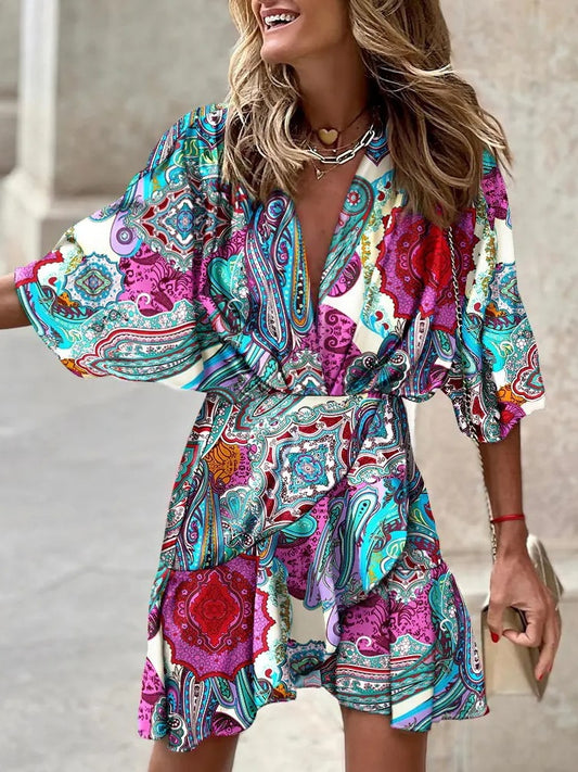 spring Irregular Mini Dress For Women Fashion Print Casual Bohemia Style Vacation Sundress Women's Bat Sleeve Ruffles Dresses