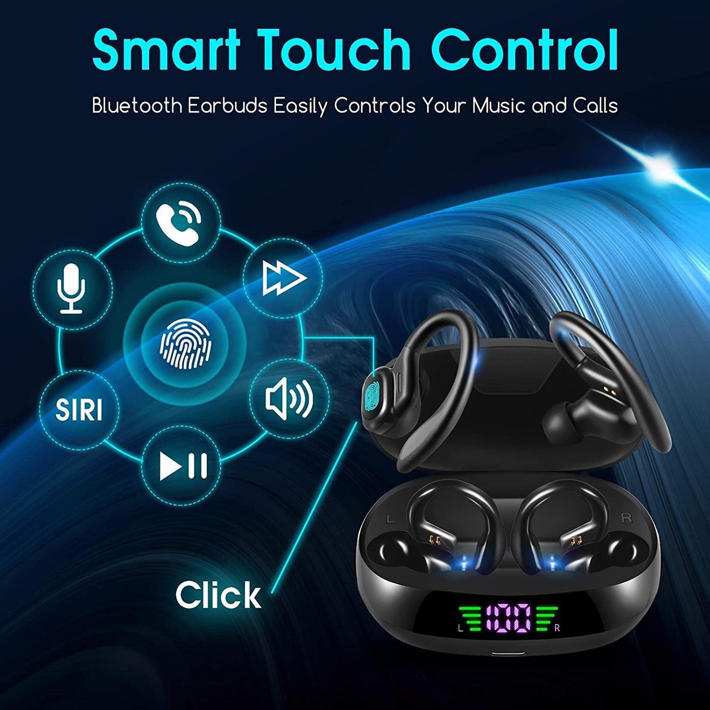 Sports Bluetooth Wireless Headphones with Mic IPX6 Waterproof Ear Hooks Bluetooth Earphones HiFi Stereo Music Earbuds for Phone