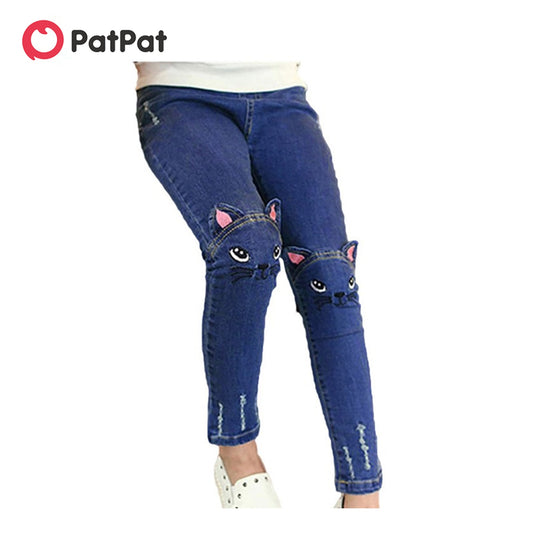 PatPat Hot Sale Casual Jeans For Girl Kids Cute Cat Design Pant Children's Jeans Clothing For Girls Spring and Autumn Trousers