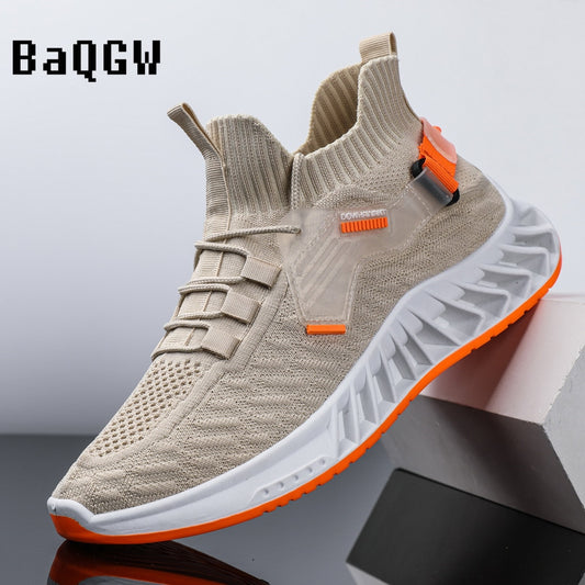 Spring Men's Casual Shoes Solid Mesh Knitted Vamp Slip-On Stretch Breathable Non-slip Fashion Lightweight Male Running Sneakers