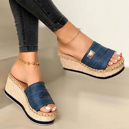 Women Wedges Slippers 2020 Ladies Hemp High Heels Platform Summer Women's Casual Woman Fashion Denim Female Peep Toe Beach Shoes