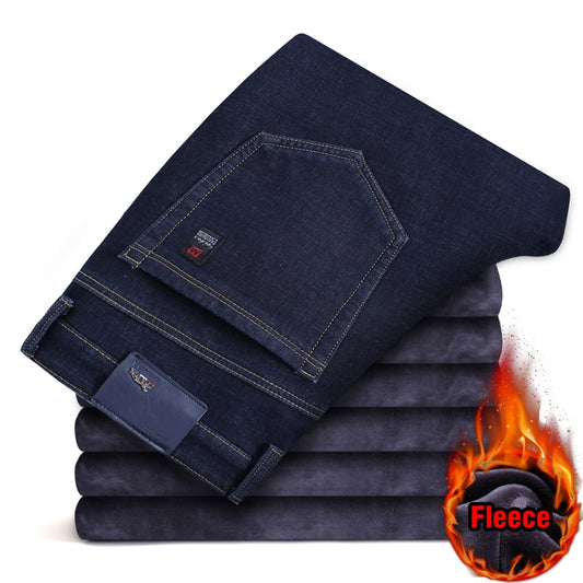 2022 Winter New Men's Fleece Warm Jeans Classic Style Business Casual Thicken Regular Fit Denim Pants Black Blue Brand Trousers