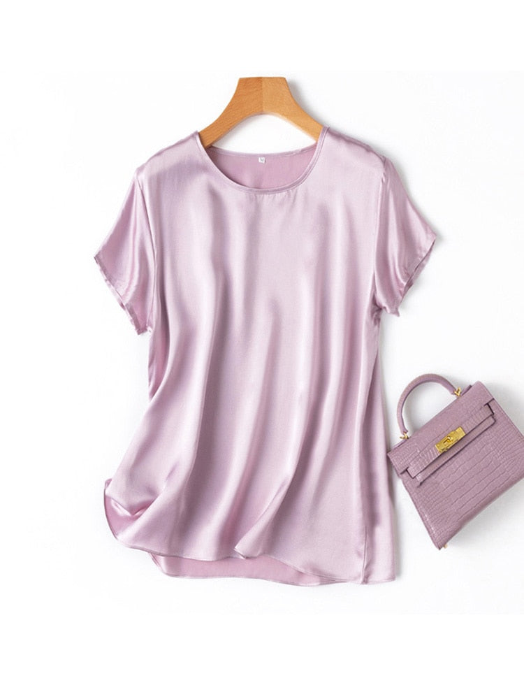 SuyaDream Woman Silk Tee 100%Real Silk Short Sleeved Plain O Neck T Shirt 2022 New Summer Top