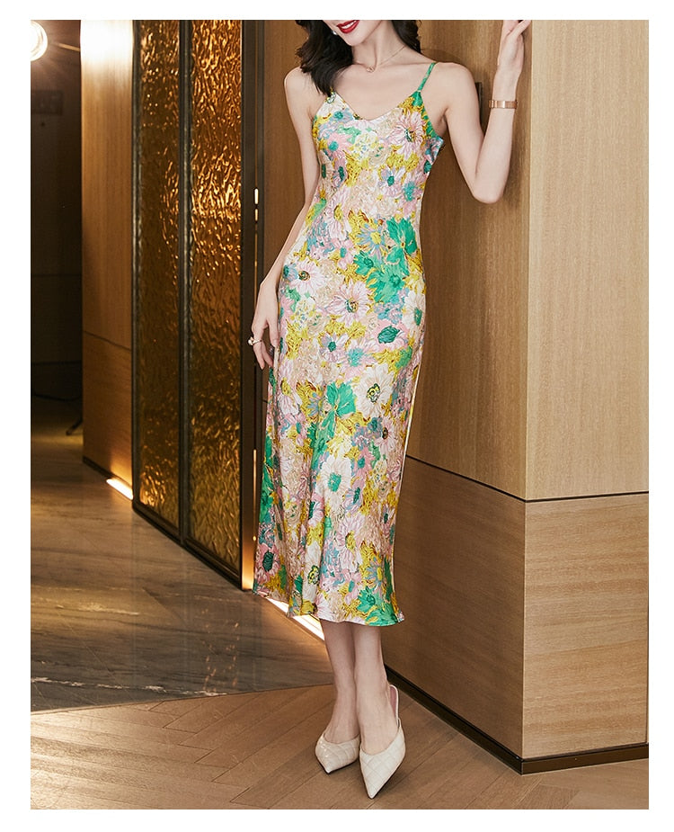 Silk Women's Summer Dress V-Neck Satin Fashion Party Dresses for Women 2022 Print A-line Backless Casual Elegant Female Clothing