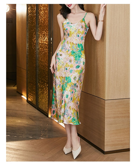 Silk Women's Summer Dress V-Neck Satin Fashion Party Dresses for Women 2022 Print A-line Backless Casual Elegant Female Clothing