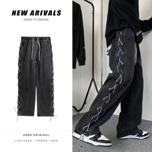 New Drawstring Knitted Jean Pants Men Straight Loose Hip Hop Pants Fashion Patckwork Casual Streetwear Jeans Male Trousers