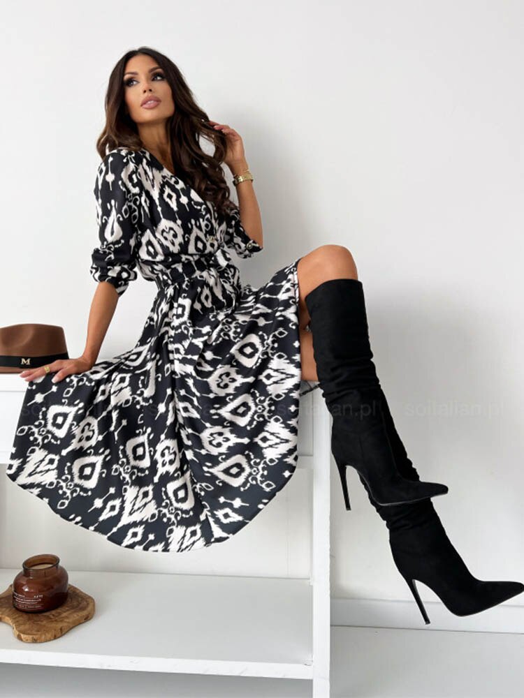 Elegant Office Ladies Dress Casual Button Lace-up A-line Midi Dresses For Women's Fashion Print Long Sleeve Vestidos 2022 Autumn
