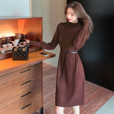 Elegant Women's Dresses for Party 2022  Autumn Winter Female Clothing Solid Dresses Woman with Belt OL Lantern Sleeve Knit Dress