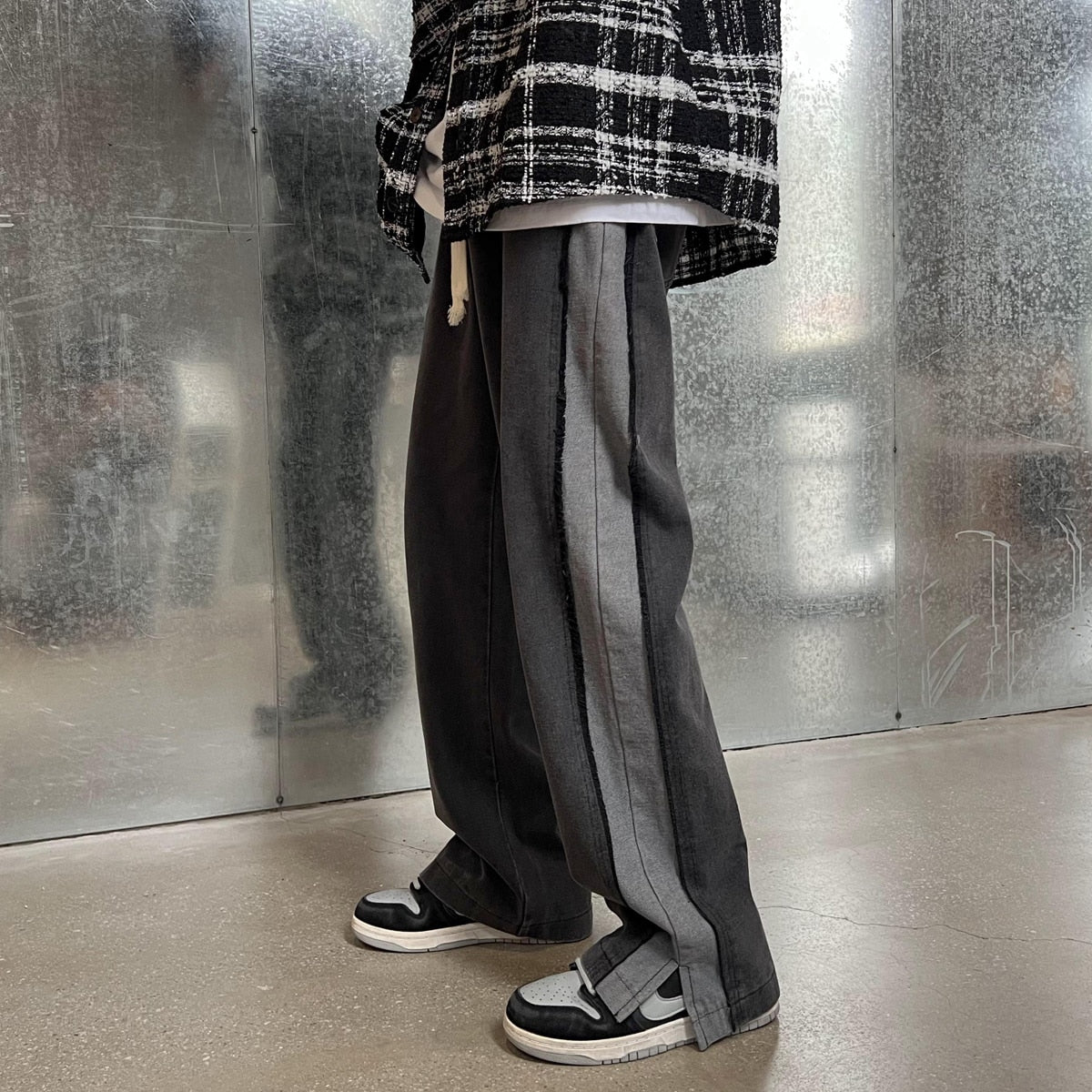 Neutral Chic Patchwork Mopping Trousers Jeans Men Korean Style Street Fashion High Street Loose Casual Drawstring Jean Pants