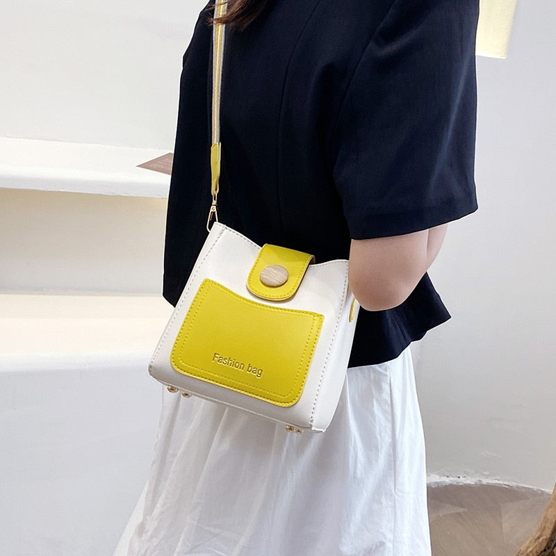 Small Women Bucket Shoulder Bags Contrast Color Leather Ladies Messenger Bag Broadband Crossbody Bags Casual Designer Handbags