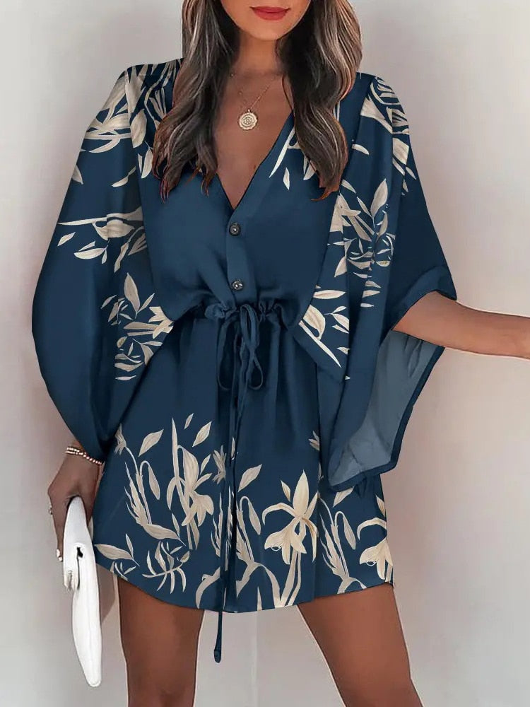 Casual Boho Beach Vacation Mini Dress Women Summer Print Lace Up Button Batwing Sleeve Dresses For Women's Loose  Female Robe