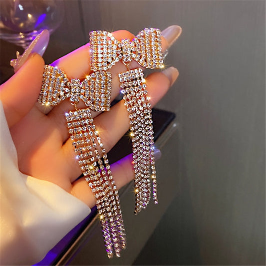 FYUAN Long Tassel Rhinestone Drop Earrings for Women Exquisite Bowknot Crystal Dangle Earrings Party Jewelry Gifts