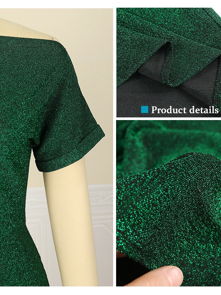 Oversized Sequins Long Green Dress Women Short Sleeve Slash Collar Slim Elegant Dresses for Evening Party 2022 Spring Summer New