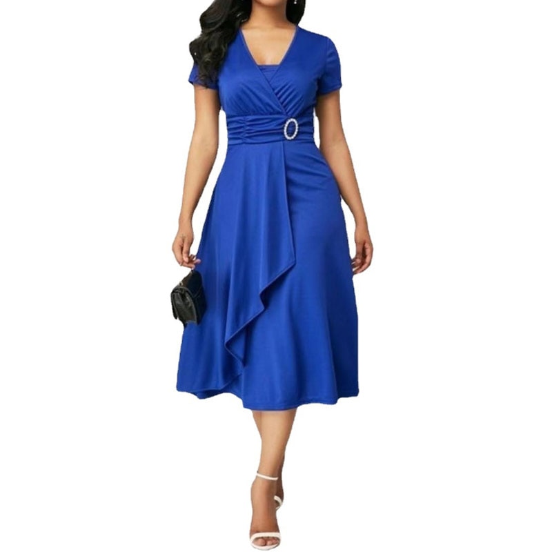 Fashion Elegant Solid Color High Waist Party Dress Women's Clothing Commute Short Sleeve Asymmetrical Patchwork Midi Dresses