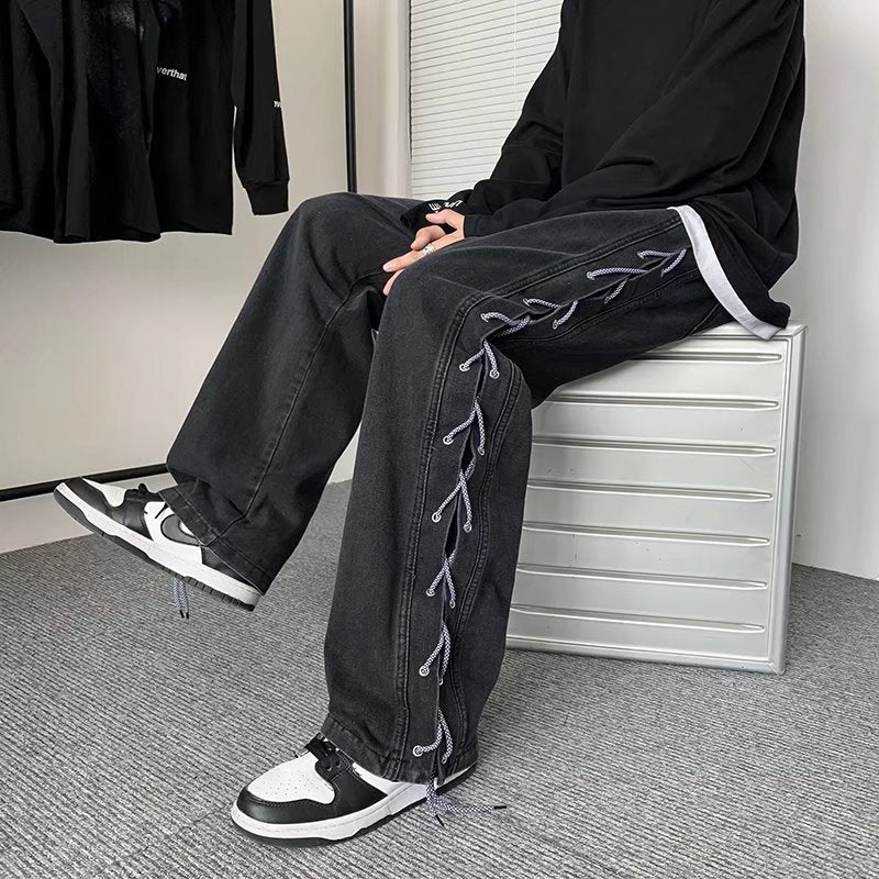 New Drawstring Knitted Jean Pants Men Straight Loose Hip Hop Pants Fashion Patckwork Casual Streetwear Jeans Male Trousers