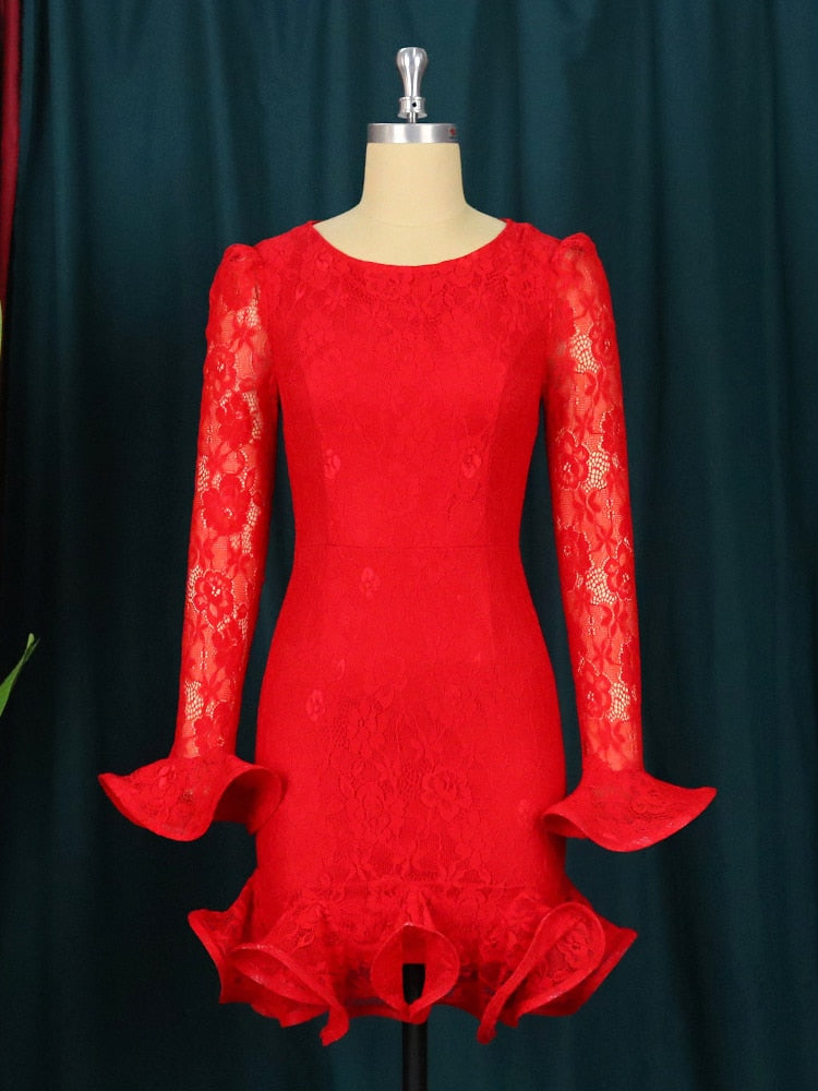 Big Size Women's Red Lace Mini Dress Ruffle Sleeve O Neck Slim Fit Elegant Sexy Dresses for Female Birthday Party 2022 Spring