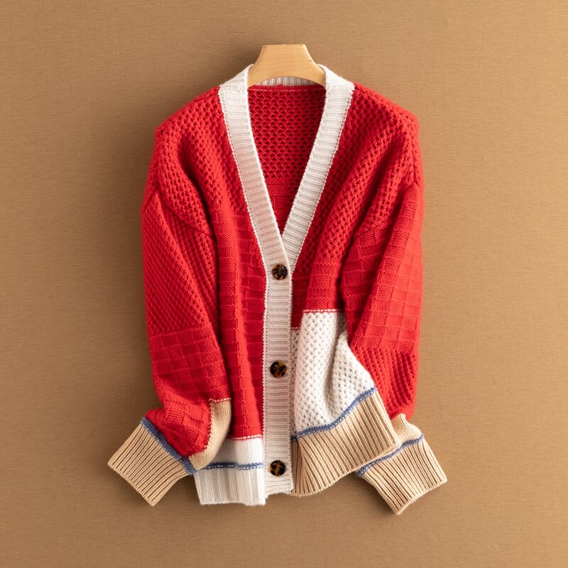 Tall Goods 100% Cashmere Thickened Hollow Color Matching Cashmere Cardigan Sweater Women's V-neck Temperament Fashion Top Coat