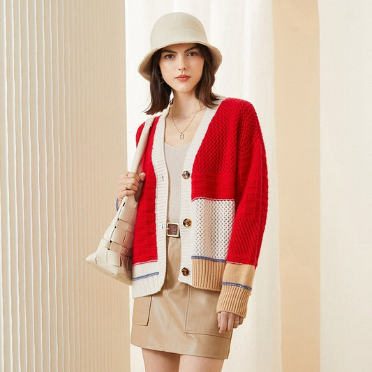 Tall Goods 100% Cashmere Thickened Hollow Color Matching Cashmere Cardigan Sweater Women's V-neck Temperament Fashion Top Coat