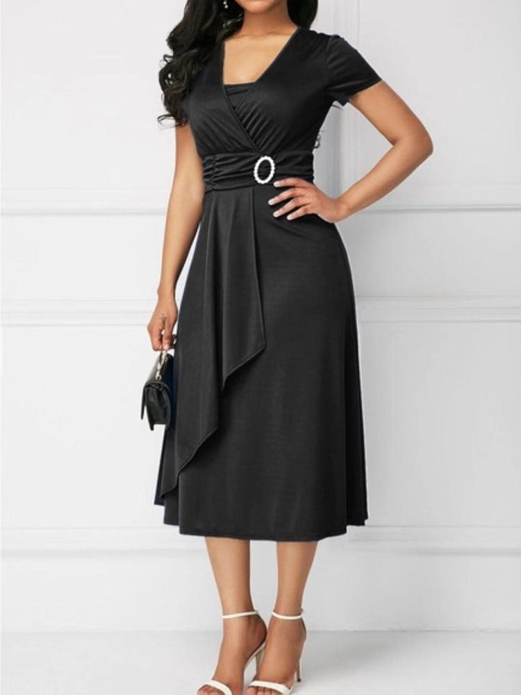 Fashion Elegant Solid Color High Waist Party Dress Women's Clothing Commute Short Sleeve Asymmetrical Patchwork Midi Dresses