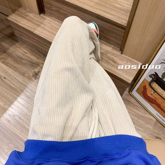 Men's Loose Corduroy Casual Pants Korean Style Outdoor Sports Pants Elastic Waist Straight Leg Wide Leg Pants Black Khaki Brown