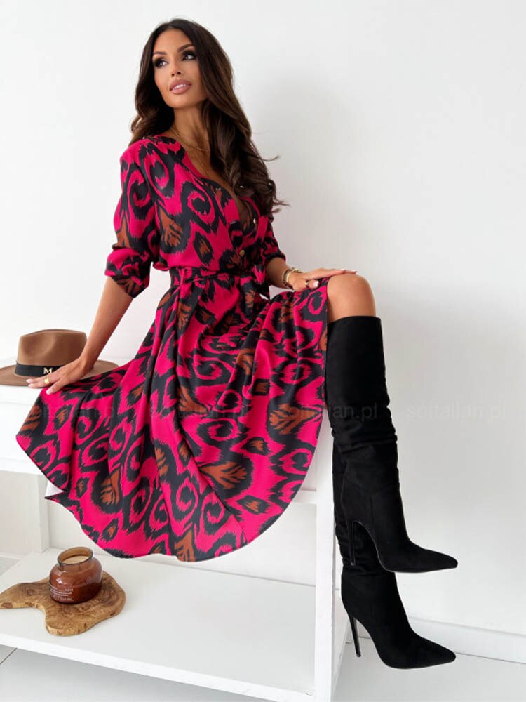 Elegant Office Ladies Dress Casual Button Lace-up A-line Midi Dresses For Women's Fashion Print Long Sleeve Vestidos 2022 Autumn