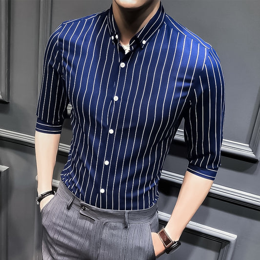 Men's Shirt Fashion Casual Striped Long Sleeved 3/4 Sleeve Slim Fit Spring Summer Autumn Quality Male Button Down Shirt