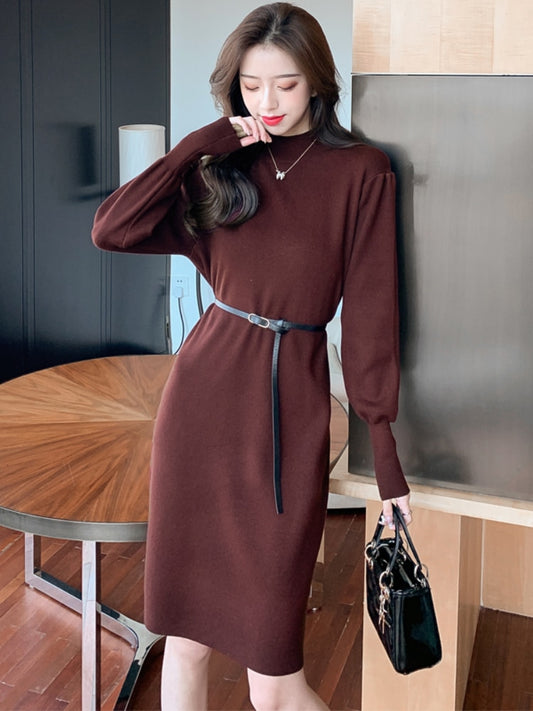 Elegant Women's Dresses for Party 2022  Autumn Winter Female Clothing Solid Dresses Woman with Belt OL Lantern Sleeve Knit Dress