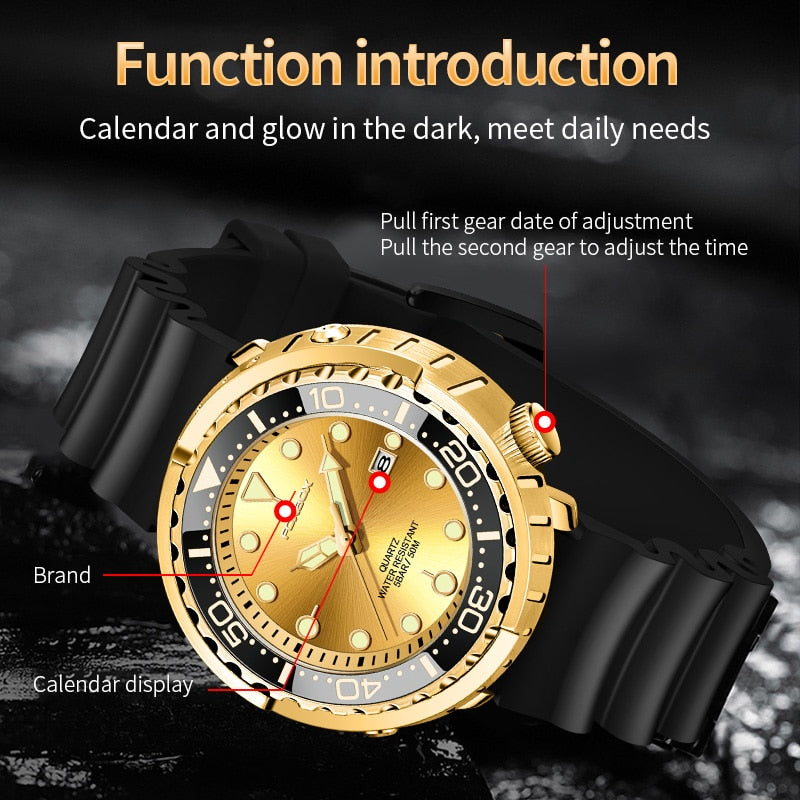 FOXBOX New Gold Fashion Watches Men Sports Silicone Watch Men 50M Waterproof Watches Golden Wristwatches Male Relogio Masculino
