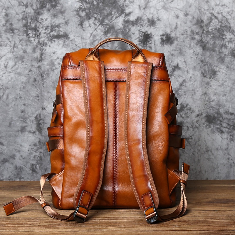 NZP Retro Leather Men's Backpack European and American Fashion Travel Bag Top Layer Cowhide Casual School Bag Laptop Bag