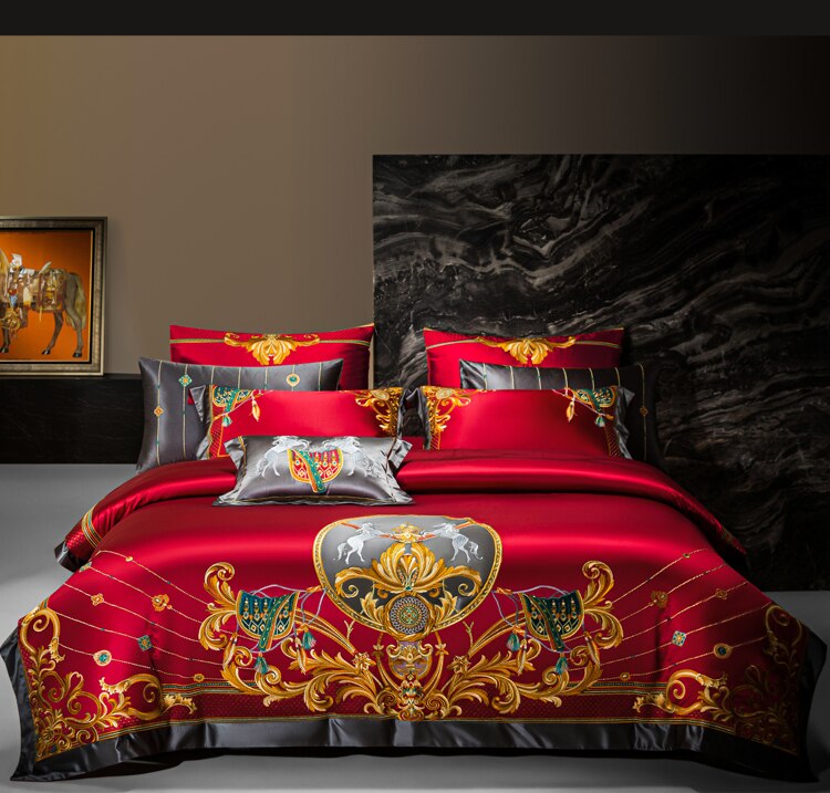 Golden/Red Luxury Palace Silk Brocade Egyptian Cotton Bedding Set Chic Embroidered Duvet Cover Bed sheet Bedspread Pillowcases