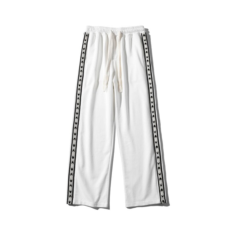 Korean style fashion men's lace-up knitted sweatpants loose straight wide leg pants boy jogging trousers casual pants black grey