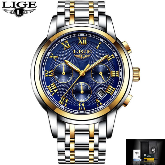 LIGE Men's Watch Big Dial Stainless Steel Band Date Mens Business Male Watches Waterproof Luxuries Men Wrist Watches for Men