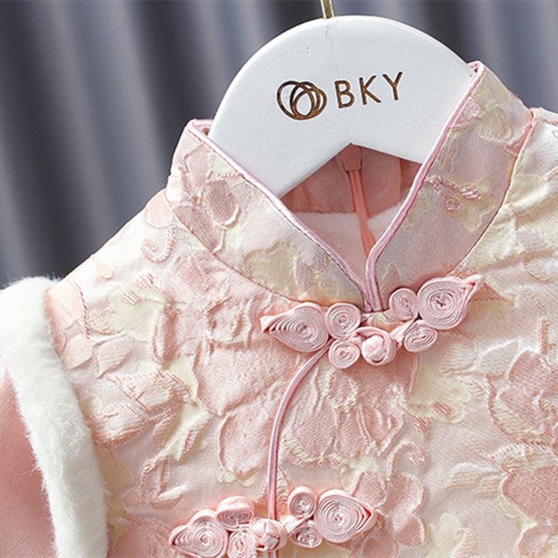 2022 Winter Warm 12M 24M 1-6 Years Child Hanfu Thicken Vintage Traditional Tang Suit New Year Cheongsam Dress For Kids Baby Girl
