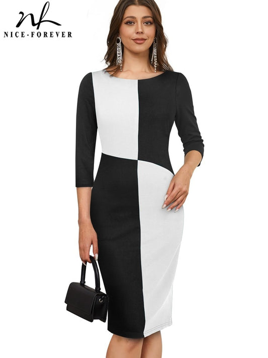Nice-Forever Autumn Women Fashion Chic Contrast Color Patchwork Dresses Formal Business Work Elegant Bodycon Dress B740