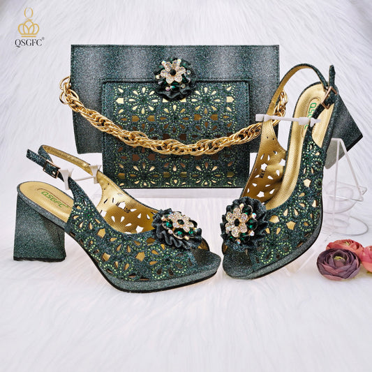 QSGFC Newest Gold Color Cutout Pumps High Heels Decorated with Rhinestone Flower Design Party Women's Shoes and Bags Set