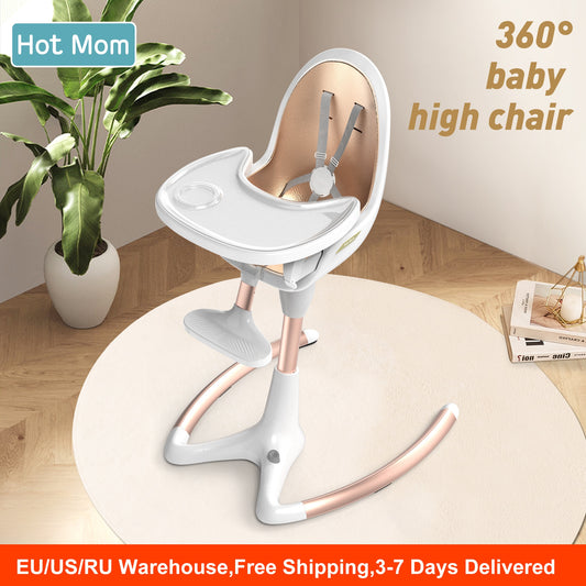 Hot Mom 360°Rotate Baby High Chair,Adjustable Seat Height&Angle Eating Chair with foot rest,Removable Tray,PU Leather Cushion