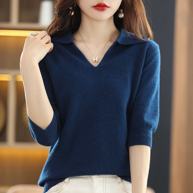 Fashion V-Neck Solid Color Pullovers Sweater Women's Clothing 2022 New Half Sleeve Casual Tops Loose Office Lady Knitted Basic