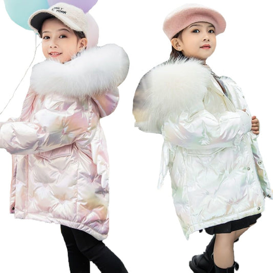 Girls Hooded Down Parkas Fur Collar Outerwear 3-10 Years 2022 Winter Girl Thick Warm Shiny Jacket Long Coats Kids Down Jackets