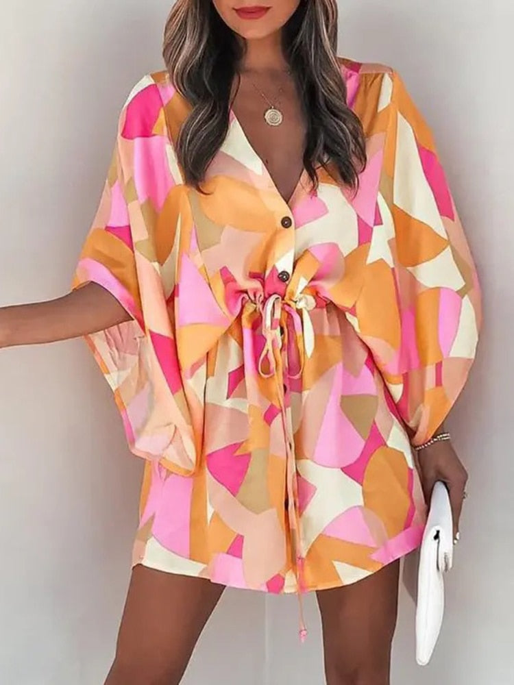 Casual Boho Beach Vacation Mini Dress Women Summer Print Lace Up Button Batwing Sleeve Dresses For Women's Loose  Female Robe