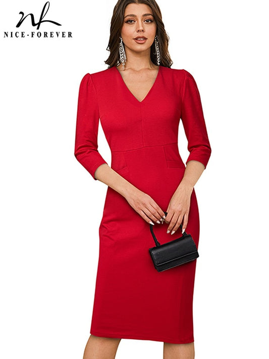 Nice-Forever Autumn Women Classy V Neck Plain Dresses Formal Business Party Elegant Bodycon Slim Dress B742