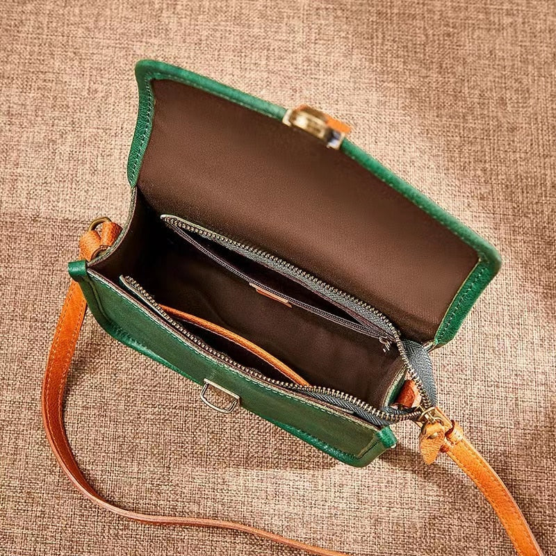 2022 New Vegetable Tanned Leather Bag Retro Single Shoulder Messenger Small Square Bag
