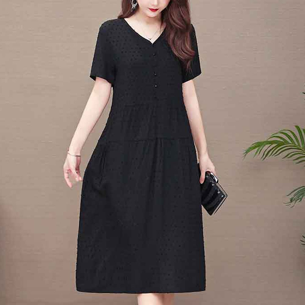New Fashion Casual Style 2023 Summer Dresses For Women V-neck Cotton Robe Femme Vintage A-line Solid Dress Women Clothing